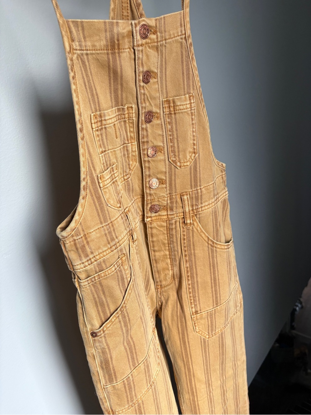 Anthropologie Pilcro Striped Camel Brown Button-Front Overalls - Picture 7 of 14